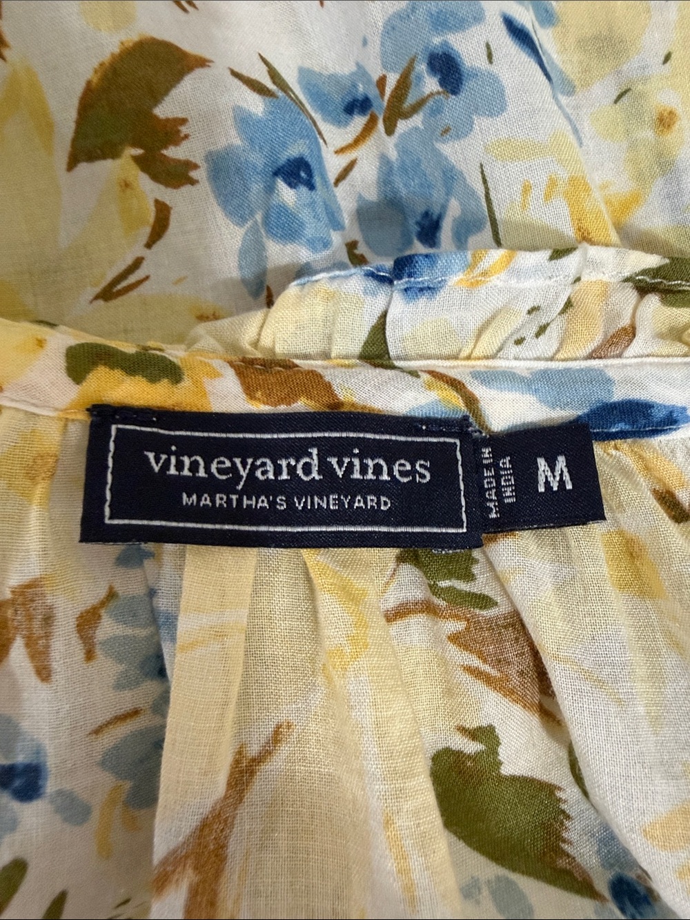 Vineyard Vines Yellow Blue Floral Split Neck Peasant Blouse Size M - Picture 5 of 8